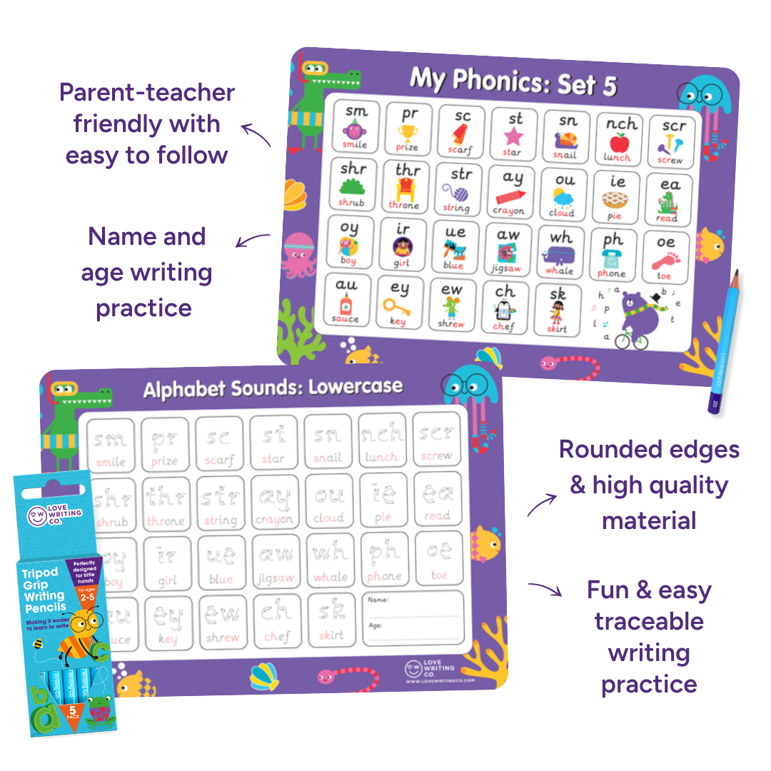 Learn Phonics & Letter Tracing Set | 6 Double-Sided A3 Alphabet Mats + 5 Erasable Tripod Grip Pencils | Ages 3–5