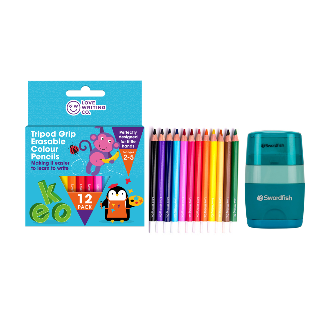 Pencil Case Set: Ages 3-5 Tripod Writing, Erasable Colouring Pencil & Eraser Bundle