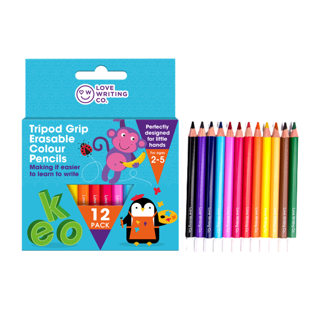 New Erasable Colouring Tripod Grip Pencils x 12 - Ages 2-5