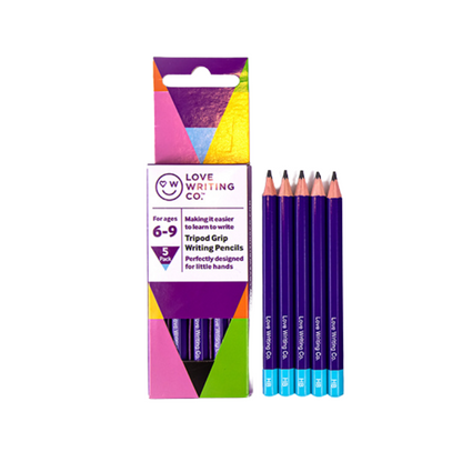 Love Writing Co. Tripod Grip Writing Pencils Ages 6-9 - Pack of 5: Handwriting Practice Made Easier For Children