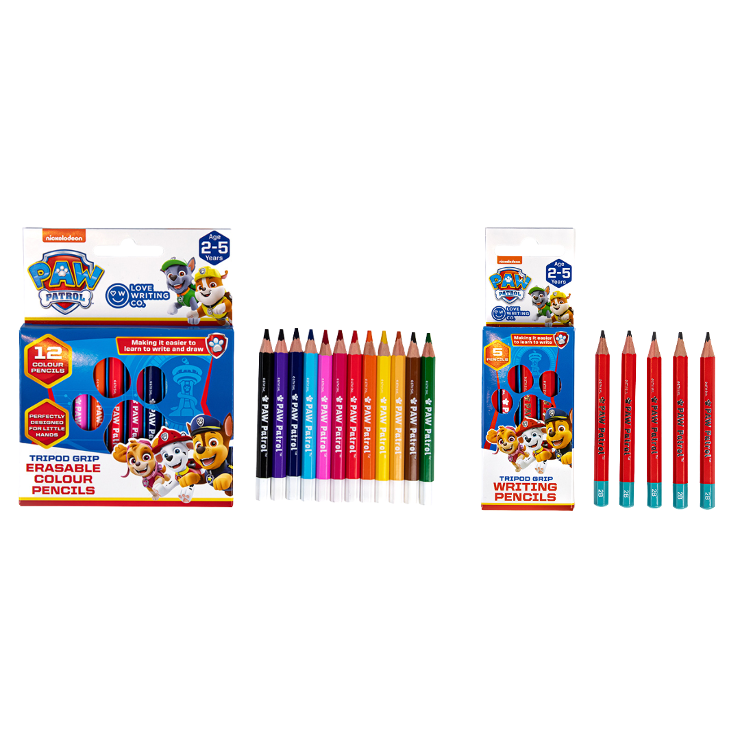 PAW Patrol Tripod Grip Pencil & Crayon Set – 5 Writing Pencils & 12 Erasable Colour Pencils