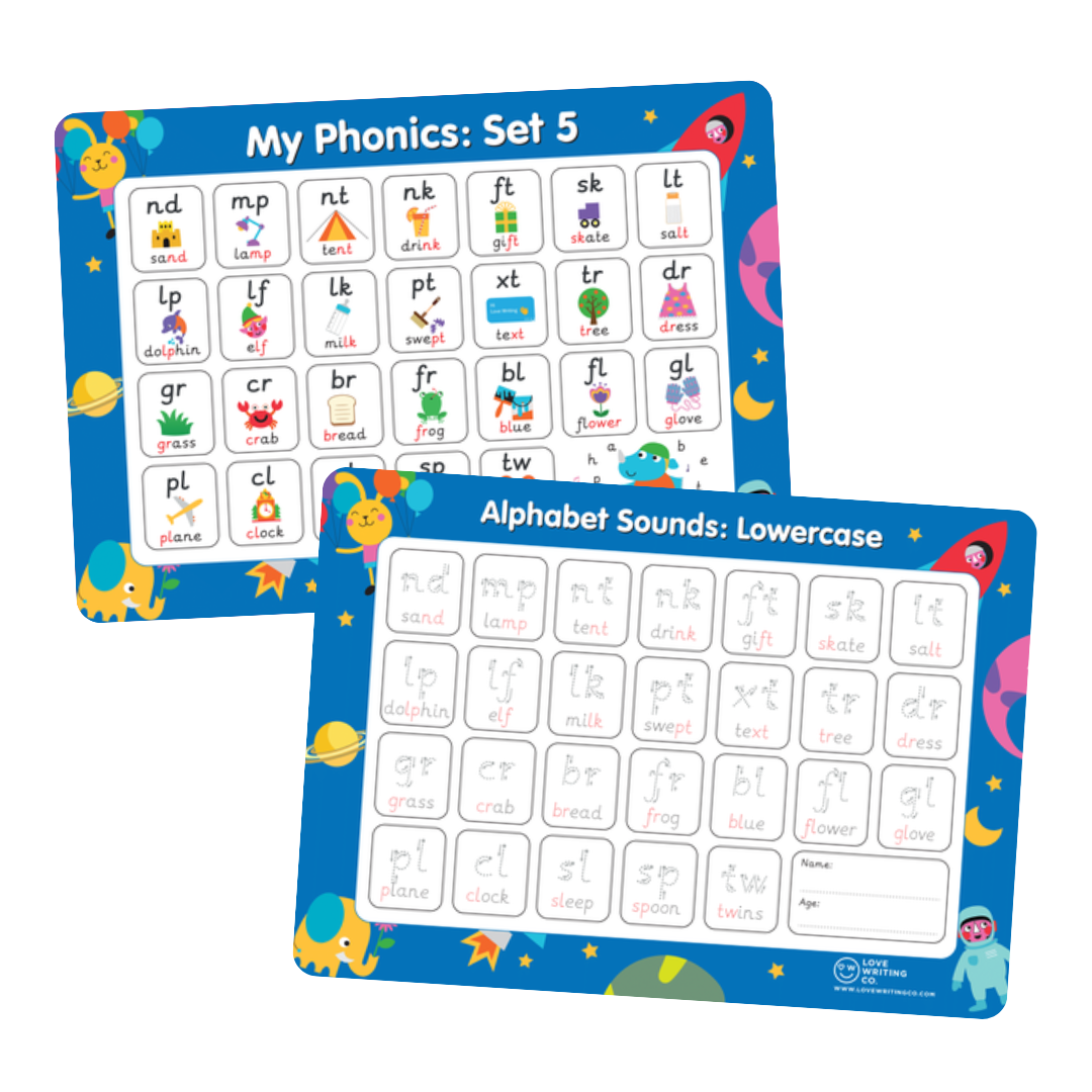 Phonics Learning -6 Phonics Mats: Trace & Wipe clean Learning Mats A3 Double sided