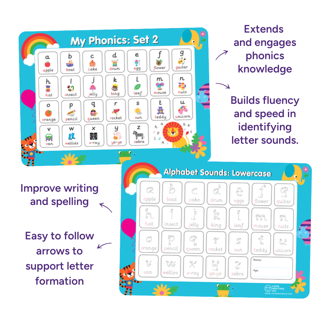 Phonics Learning -6 Phonics Mats: Trace & Wipe clean Learning Mats A3 Double sided