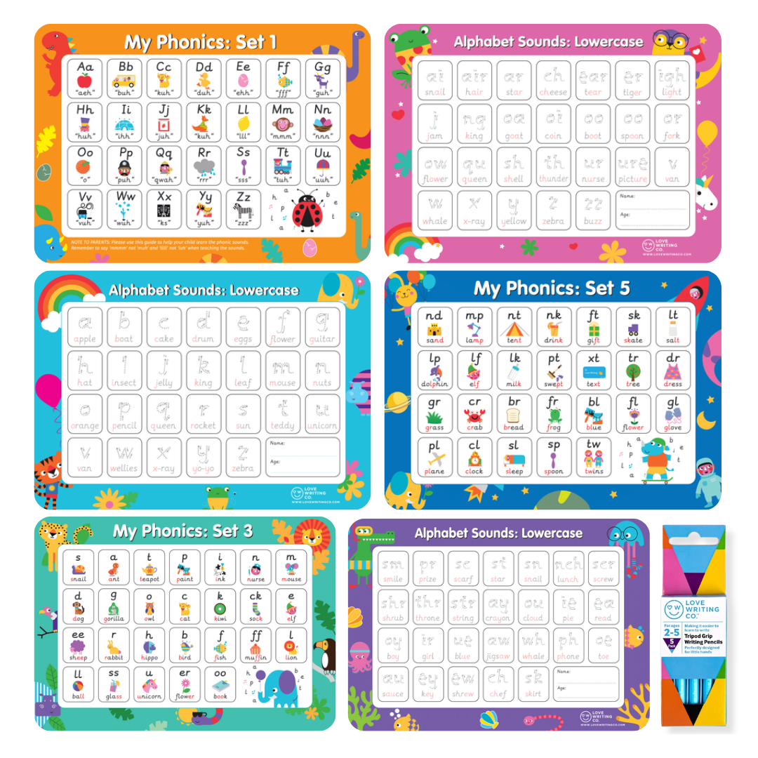 Learn Phonics & Letter Tracing Set | 6 Double-Sided A3 Alphabet Mats + 5 Erasable Tripod Grip Pencils | Ages 3–5