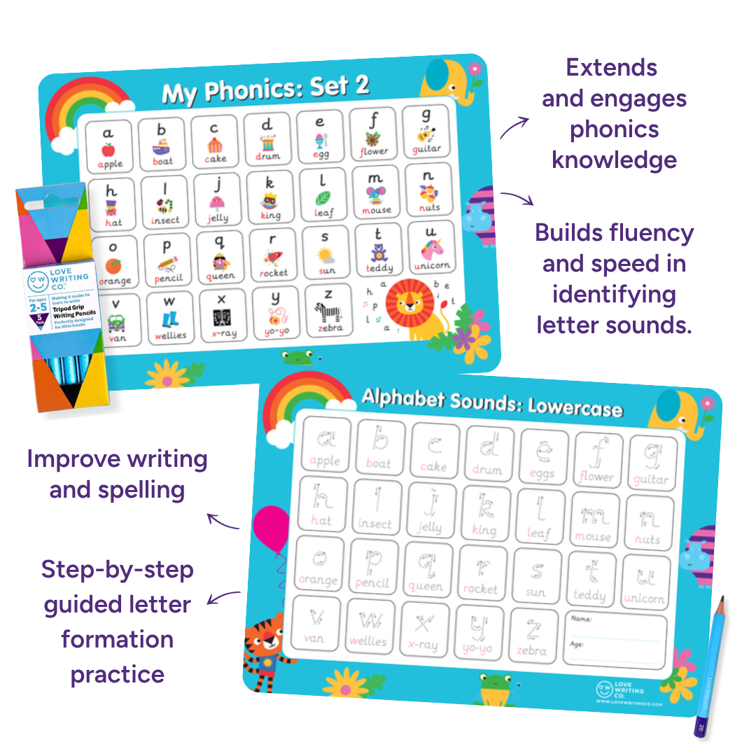 Learn Phonics & Letter Tracing Set | 6 Double-Sided A3 Alphabet Mats + 5 Erasable Tripod Grip Pencils | Ages 3–5