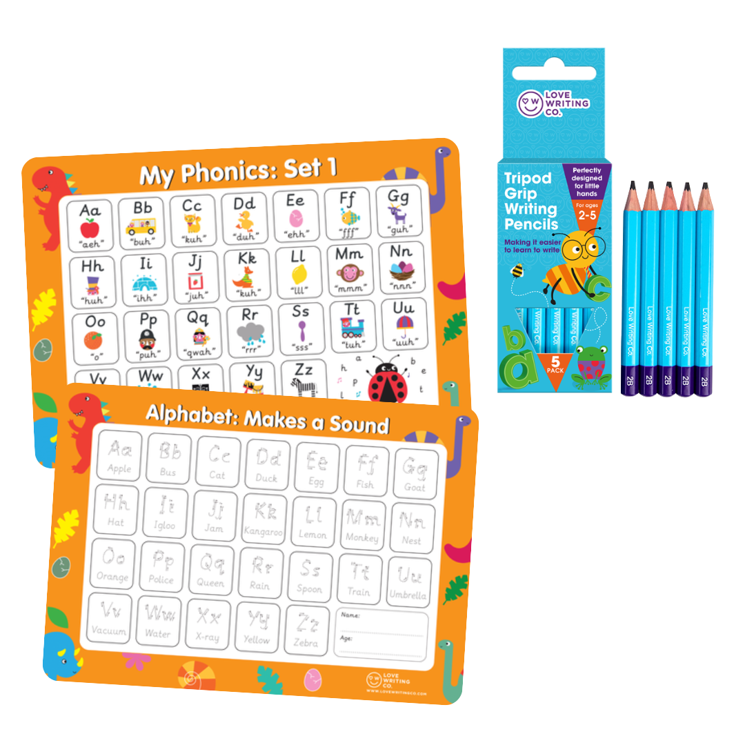 Learn Phonics & Letter Tracing Set | 6 Double-Sided A3 Alphabet Mats + 5 Erasable Tripod Grip Pencils | Ages 3–5