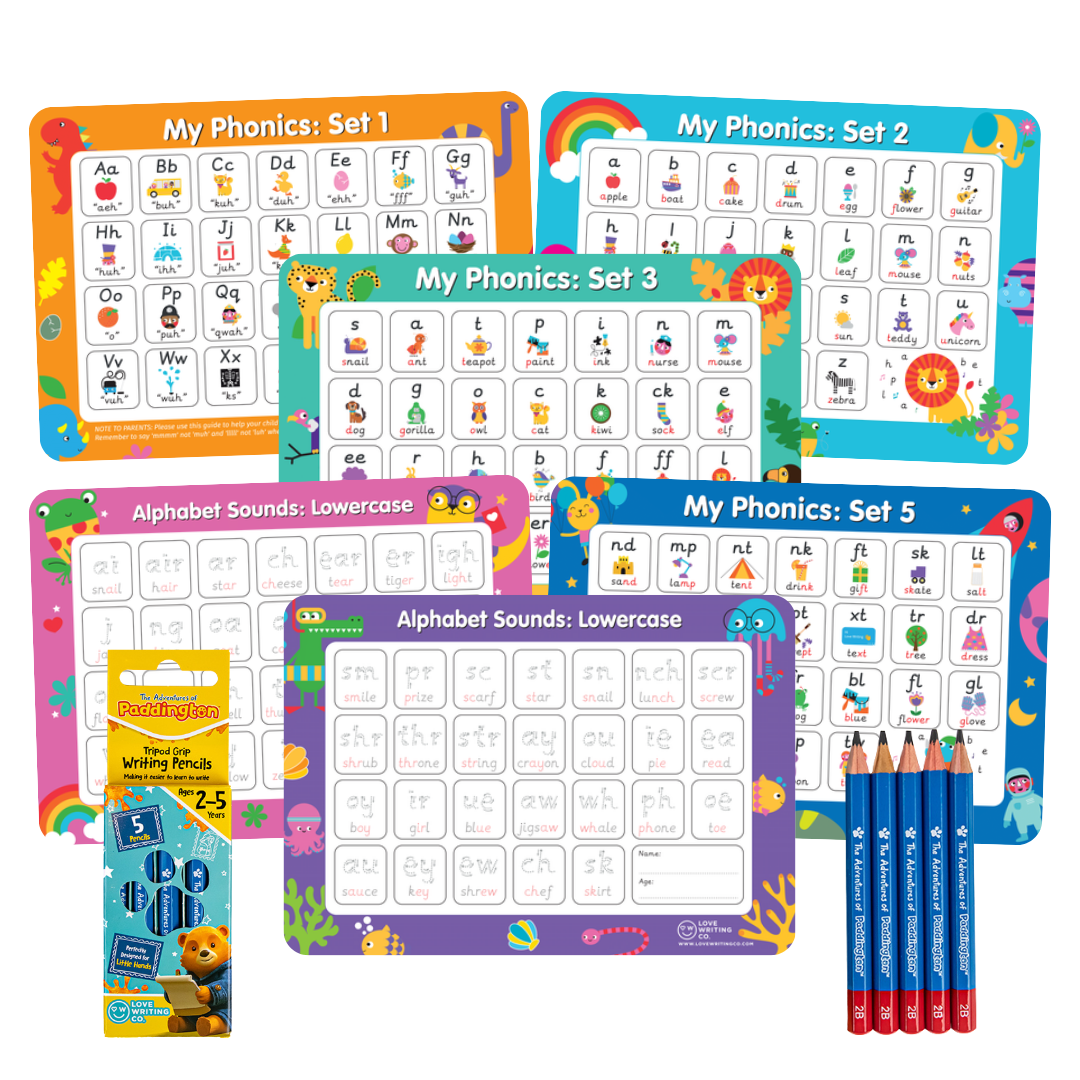 Learn Phonics & Letter Tracing Set | 6 Double-Sided A3 Alphabet Mats + 5 Erasable Tripod Grip Pencils | Ages 3–5