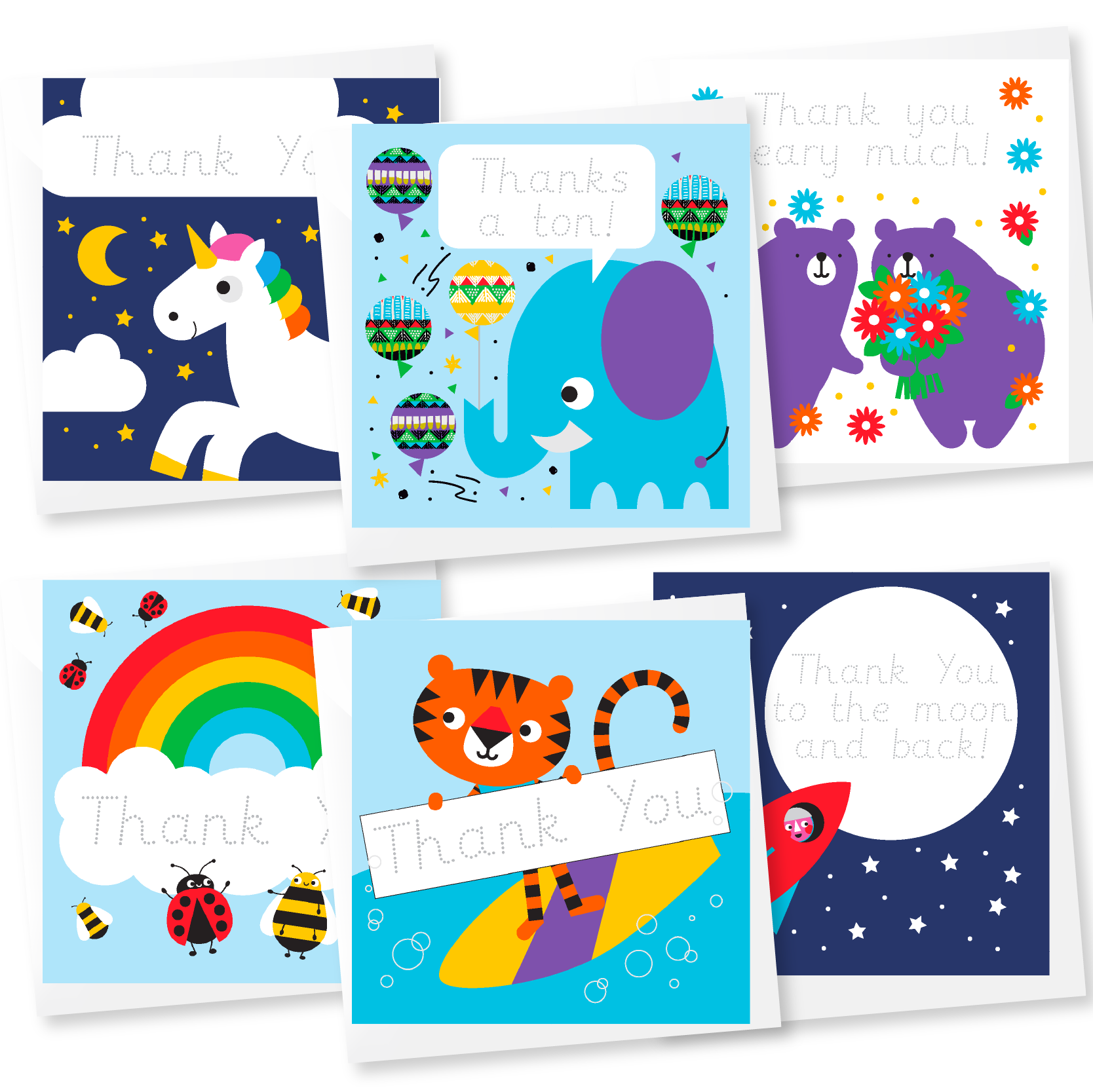 'Thank You' Fun Traceable Greeting Cards For Kids: Multi-Pack of 10 -Personalised