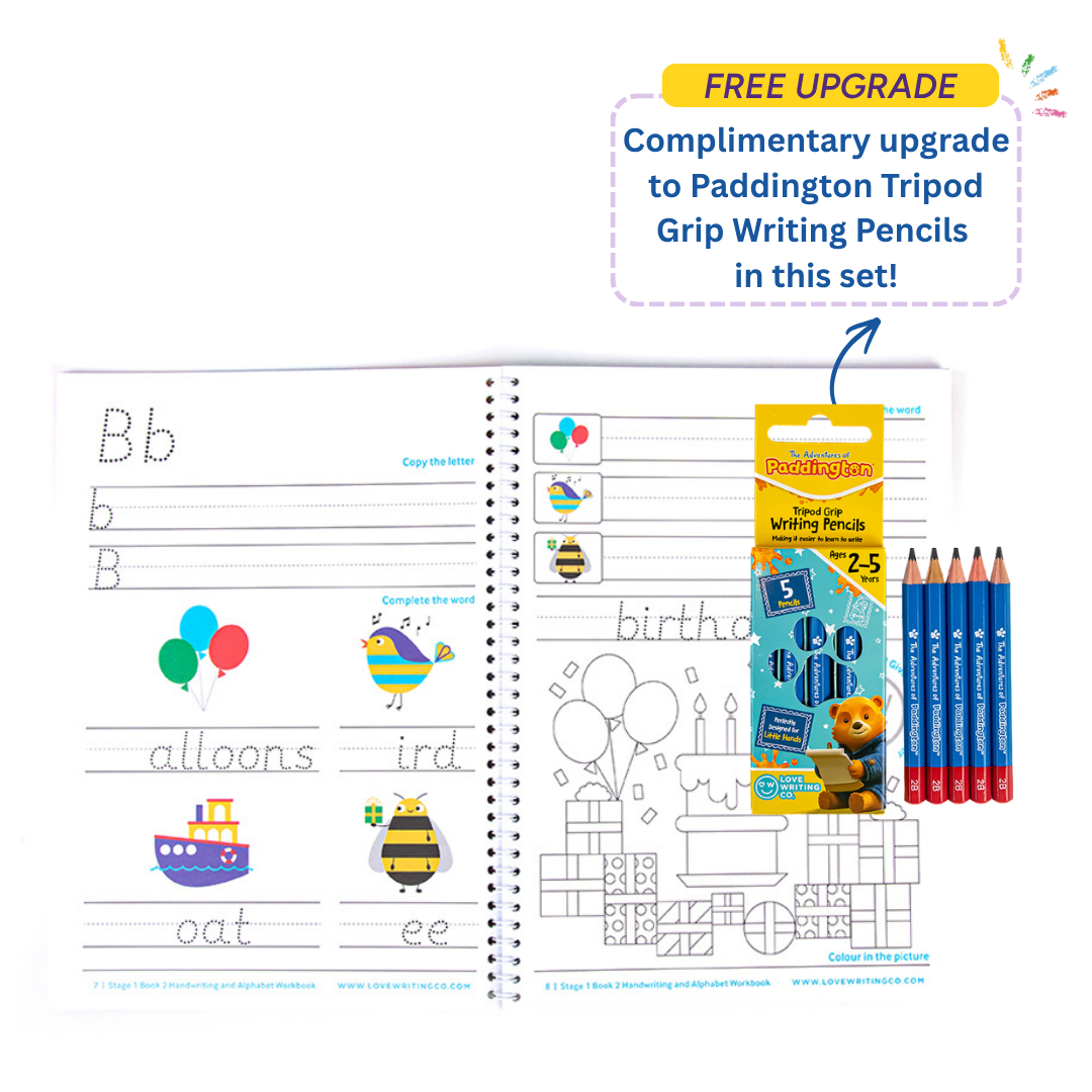 Handwriting & Alphabet Practice Book 2 & Tripod Grip Pencils Set - Age 3-5