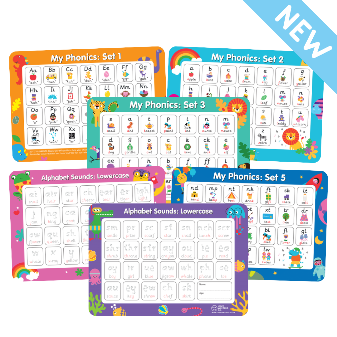 Phonics Learning -6 Phonics Mats: Trace & Wipe clean Learning Mats A3 Double sided
