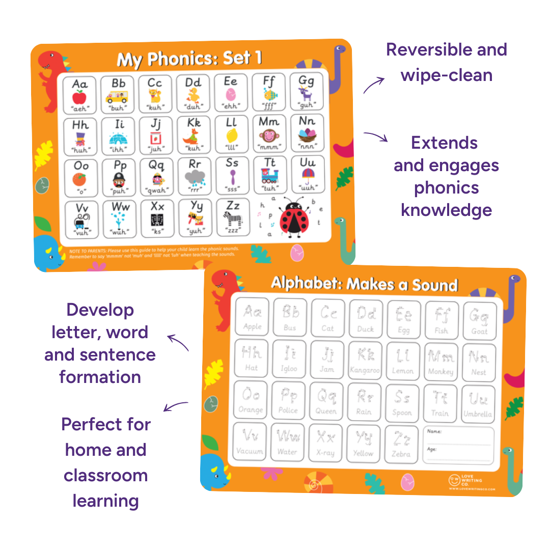 Phonics Learning -6 Phonics Mats: Trace & Wipe clean Learning Mats A3 Double sided