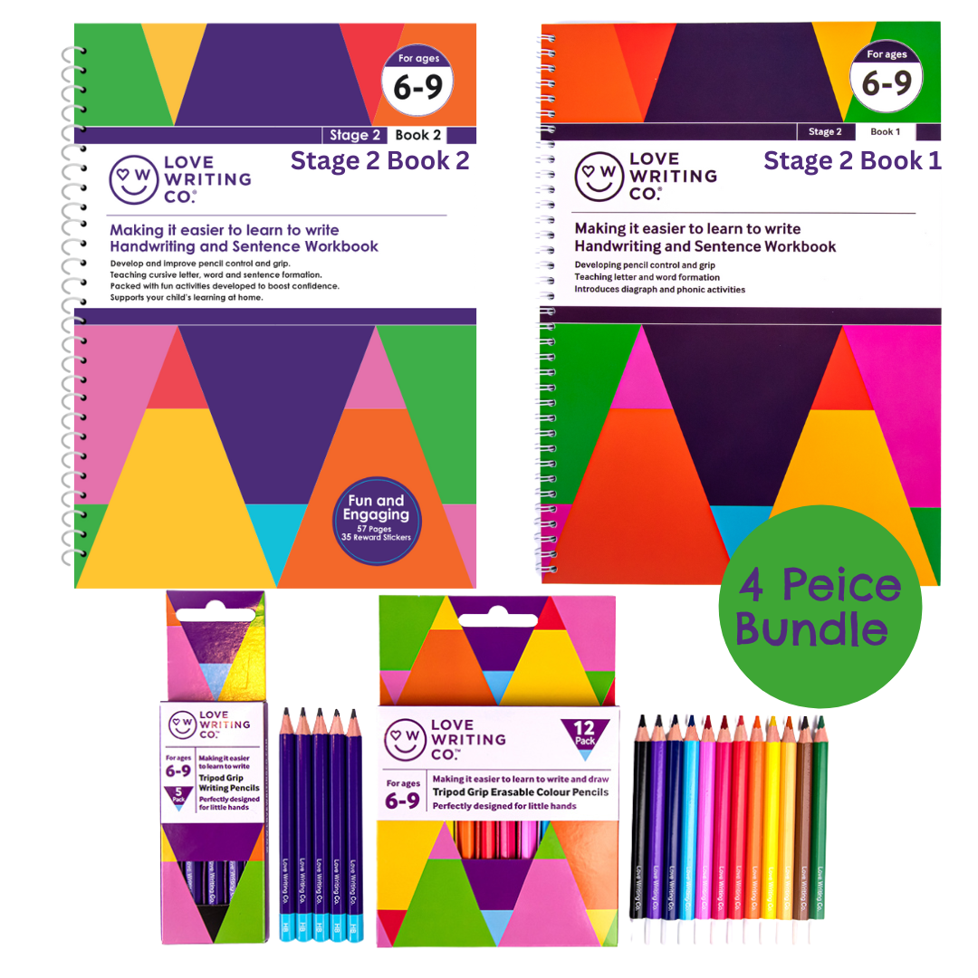 Complete Better Writing Pack- Cursive Handwriting Practice Age 6, 7, 8, 9yrs - 2 Books Plus Tripod Grip Writing & Colour Pencils