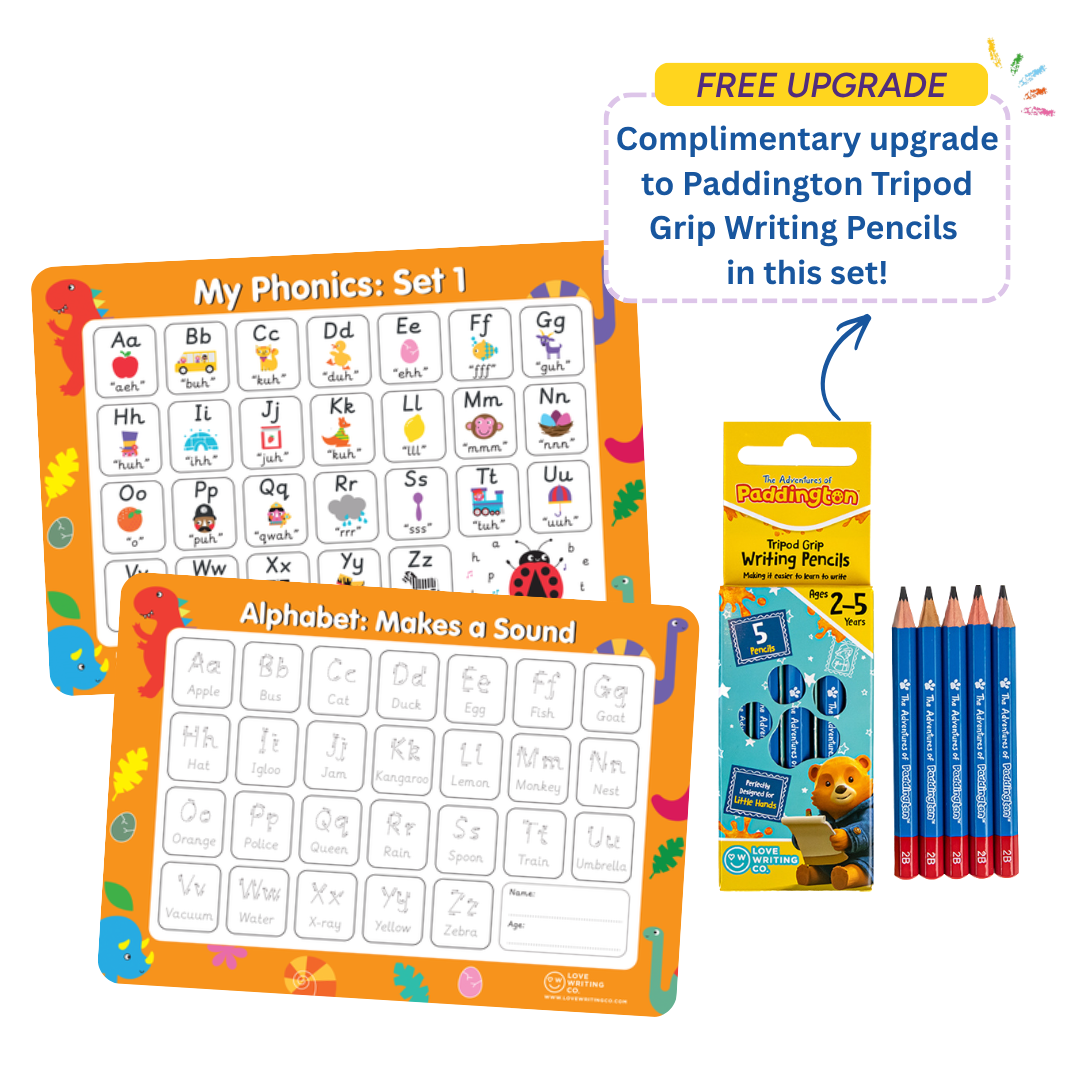 Learn Phonics & Letter Tracing Set | 6 Double-Sided A3 Alphabet Mats + 5 Erasable Tripod Grip Pencils | Ages 3–5