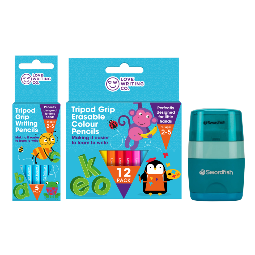 Pencil Case Set: Ages 3-5 Tripod Writing, Erasable Colouring Pencil & Eraser Bundle