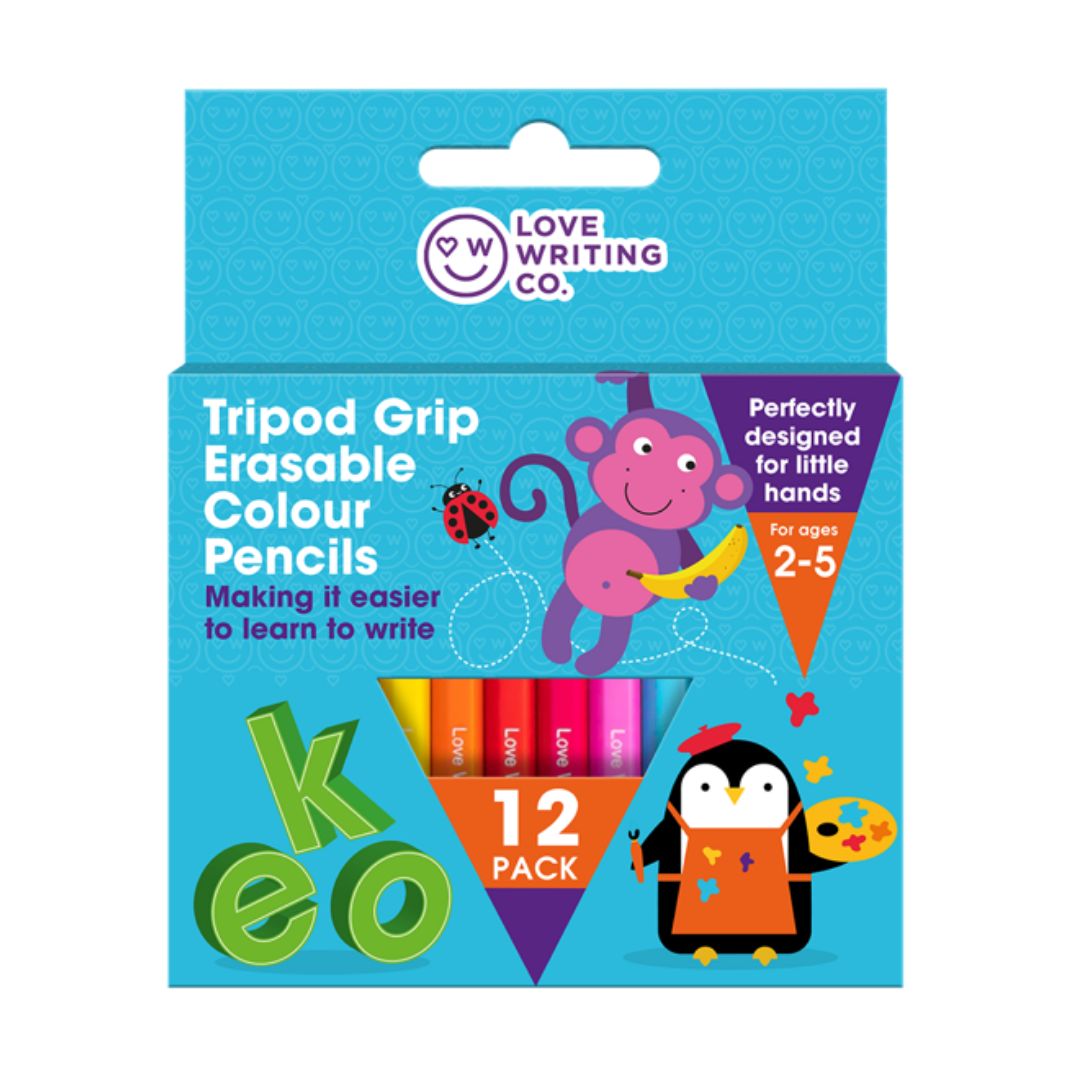 New Erasable Colouring Tripod Grip Pencils x 12 - Ages 2-5