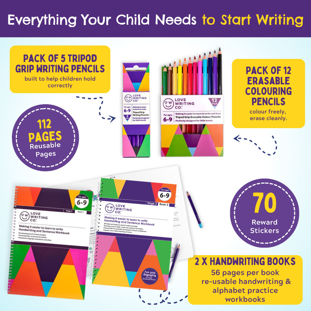 Complete Better Writing Pack- Cursive Handwriting Practice Age 6, 7, 8, 9yrs - 2 Books Plus Tripod Grip Writing & Colour Pencils