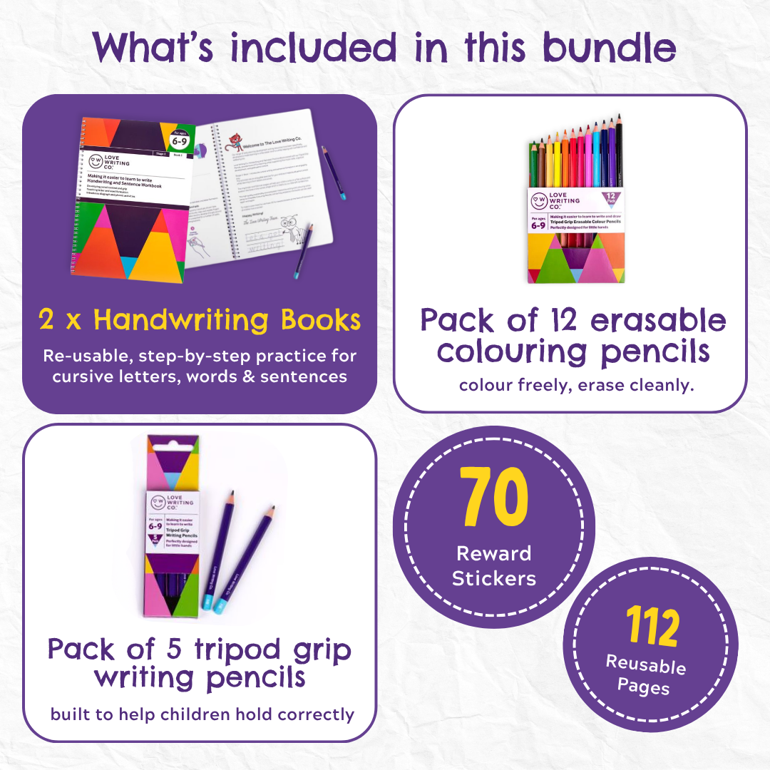 Complete Better Writing Pack- Cursive Handwriting Practice Age 6, 7, 8, 9yrs - 2 Books Plus Tripod Grip Writing & Colour Pencils