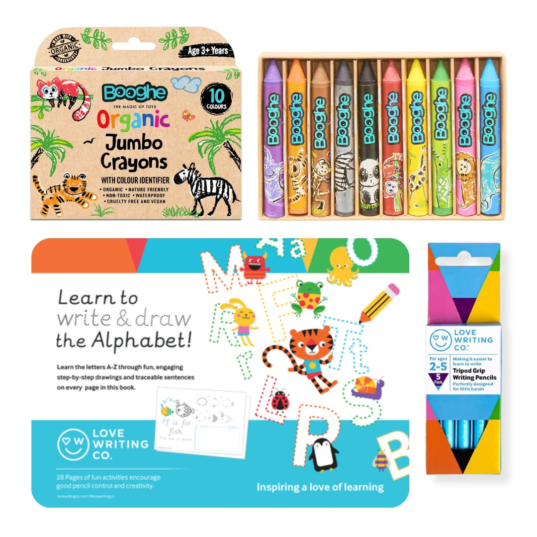 Alphabet & Drawing Activity Book, Tripod Pencils & Organic Crayons Gift Set