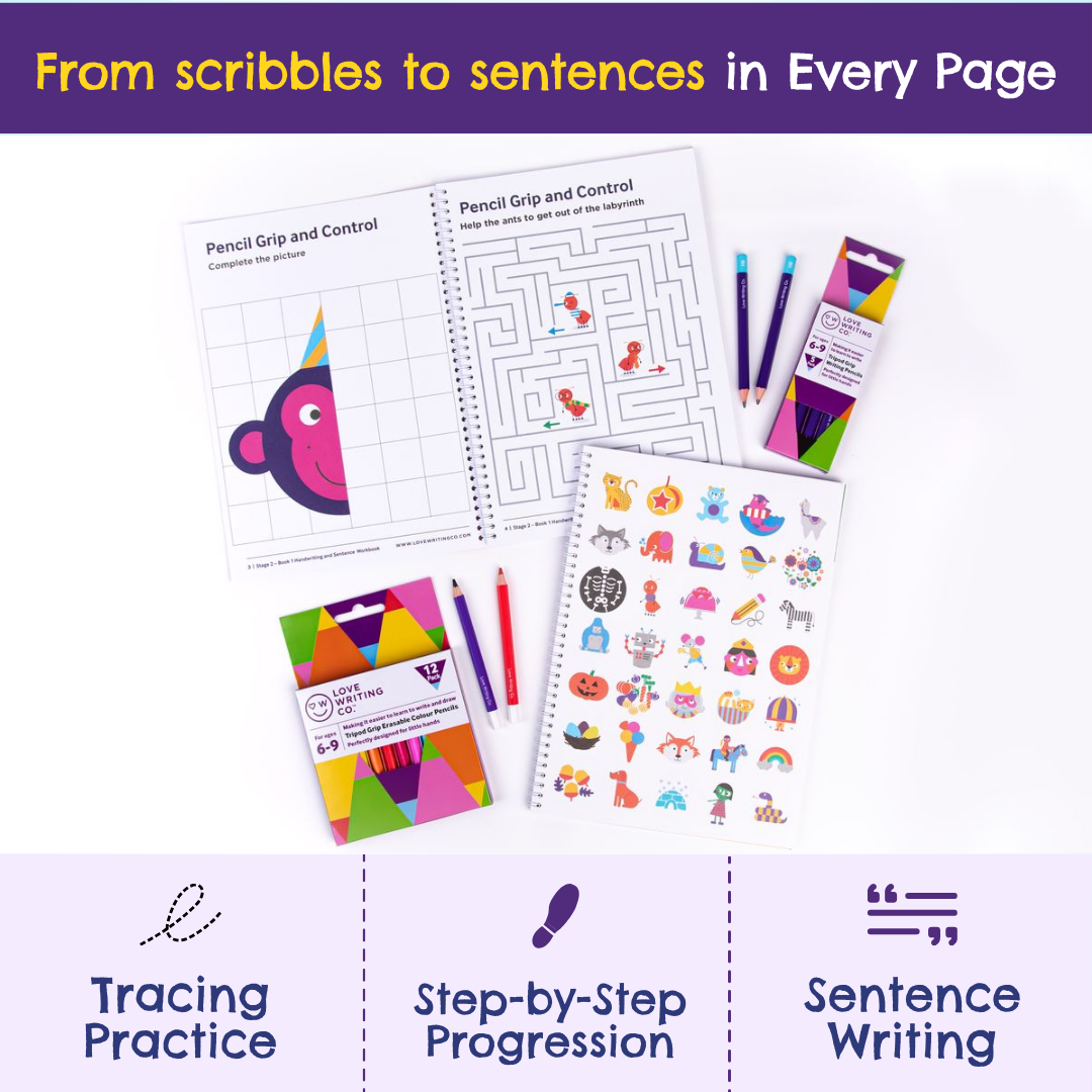 Complete Better Writing Pack- Cursive Handwriting Practice Age 6, 7, 8, 9yrs - 2 Books Plus Tripod Grip Writing & Colour Pencils