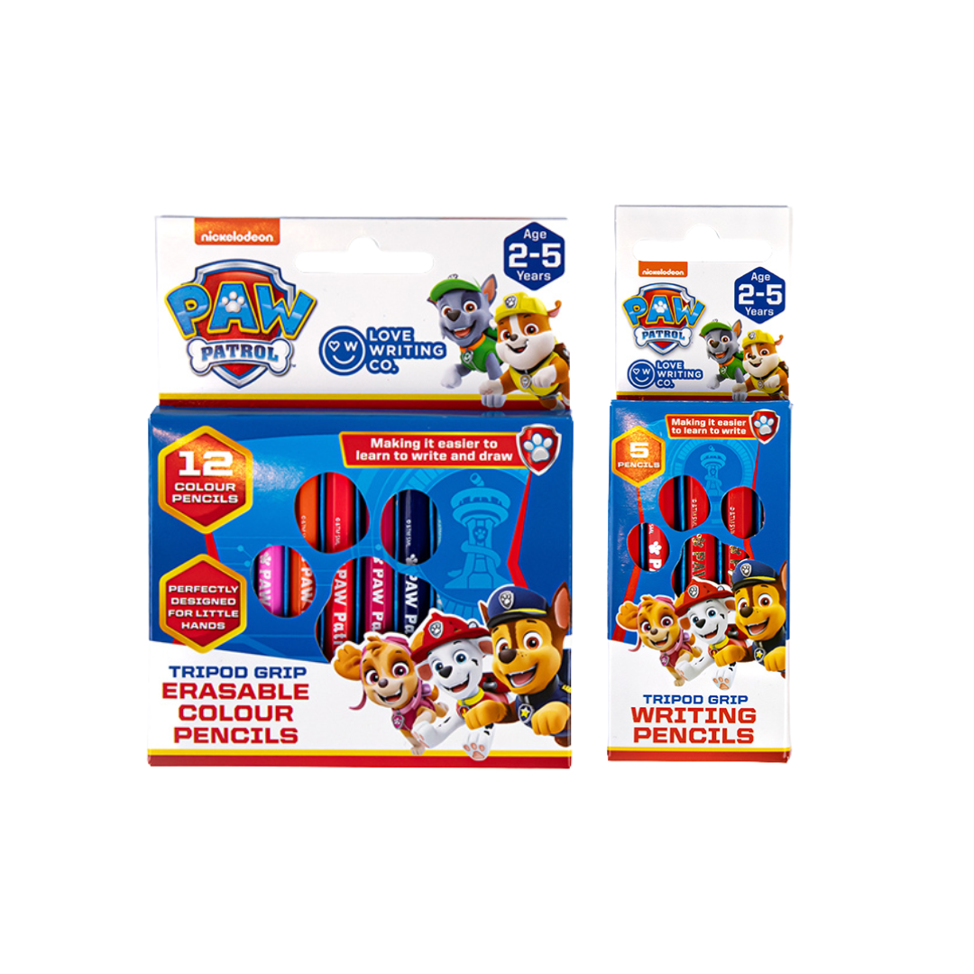 PAW Patrol Tripod Grip Pencil & Crayon Set – 5 Writing Pencils & 12 Erasable Colour Pencils