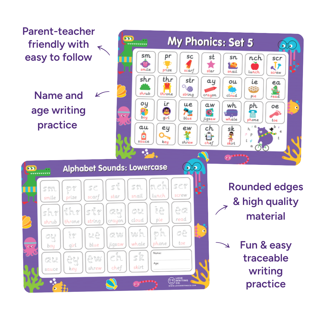 Phonics Learning -6 Phonics Mats: Trace & Wipe clean Learning Mats A3 Double sided