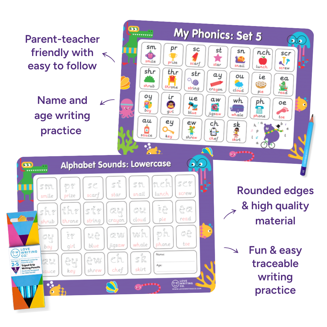 Phonics Learning-6 A3 Phonics & Alphabet Mats: Sounds & Tracing