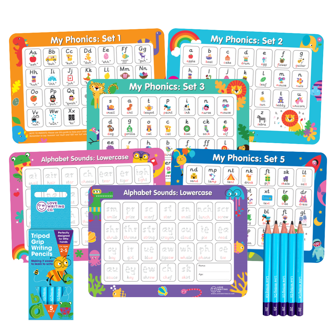 Learn Phonics & Letter Tracing Set | 6 Double-Sided A3 Alphabet Mats + 5 Erasable Tripod Grip Pencils | Ages 3–5