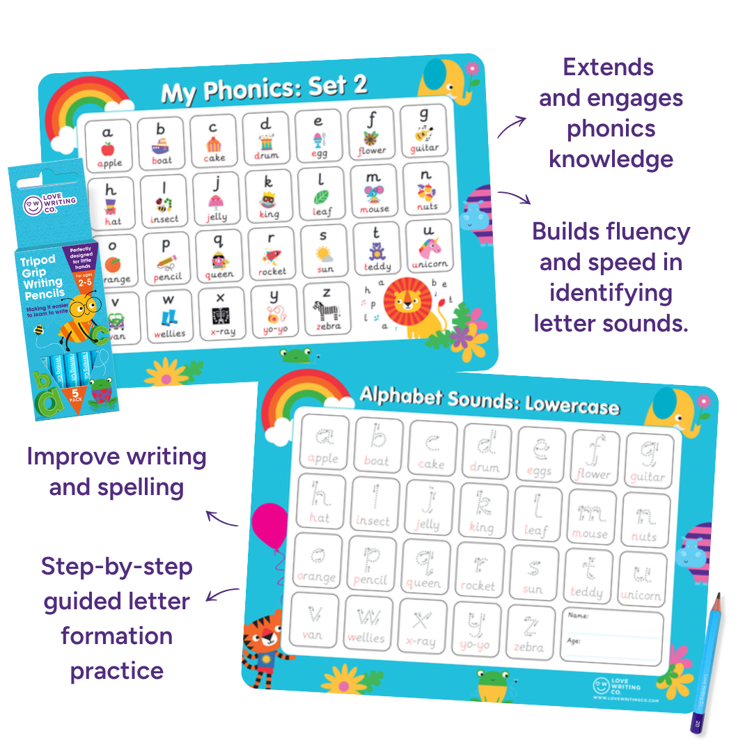 Learn Phonics & Letter Tracing Set | 6 Double-Sided A3 Alphabet Mats + 5 Erasable Tripod Grip Pencils | Ages 3–5