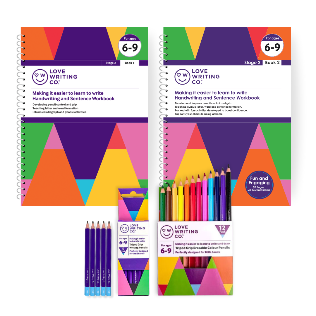 Complete Better Writing Pack- Cursive Handwriting Practice Age 6, 7, 8, 9yrs - 2 Books Plus Tripod Grip Writing & Colour Pencils