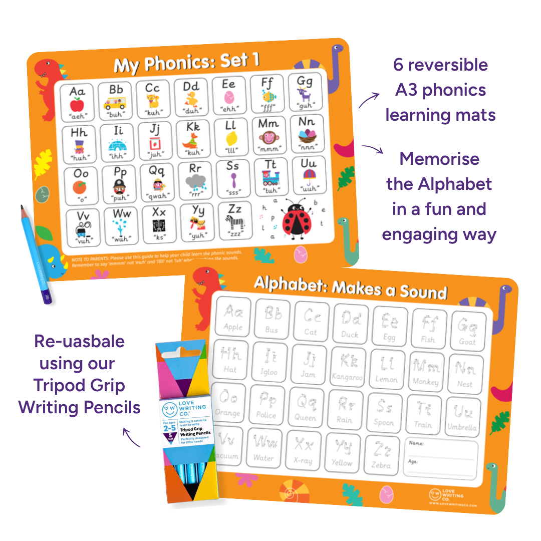 Learn Phonics & Letter Tracing Set | 6 Double-Sided A3 Alphabet Mats + 5 Erasable Tripod Grip Pencils | Ages 3–5