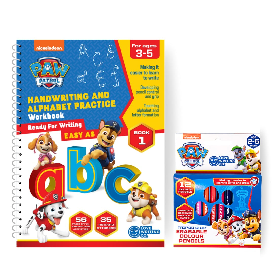Beginners PAW PATROL Learn To Write The Alphabet Book & Erasable Colour Pencils Set | Ages 3-5