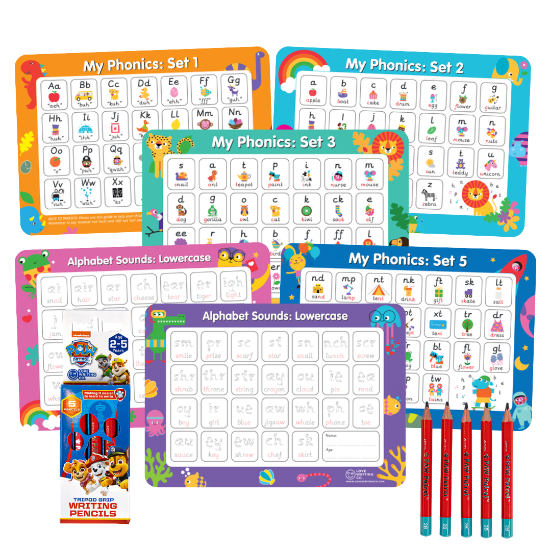 Learn Phonics & Letter Tracing Set | 6 Double-Sided A3 Alphabet Mats + 5 Erasable Tripod Grip Pencils | Ages 3–5