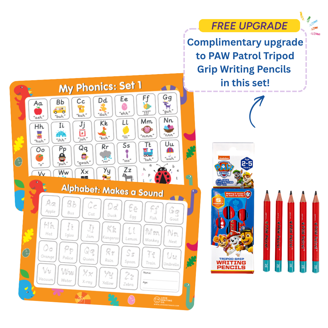Learn Phonics & Letter Tracing Set | 6 Double-Sided A3 Alphabet Mats + 5 Erasable Tripod Grip Pencils | Ages 3–5