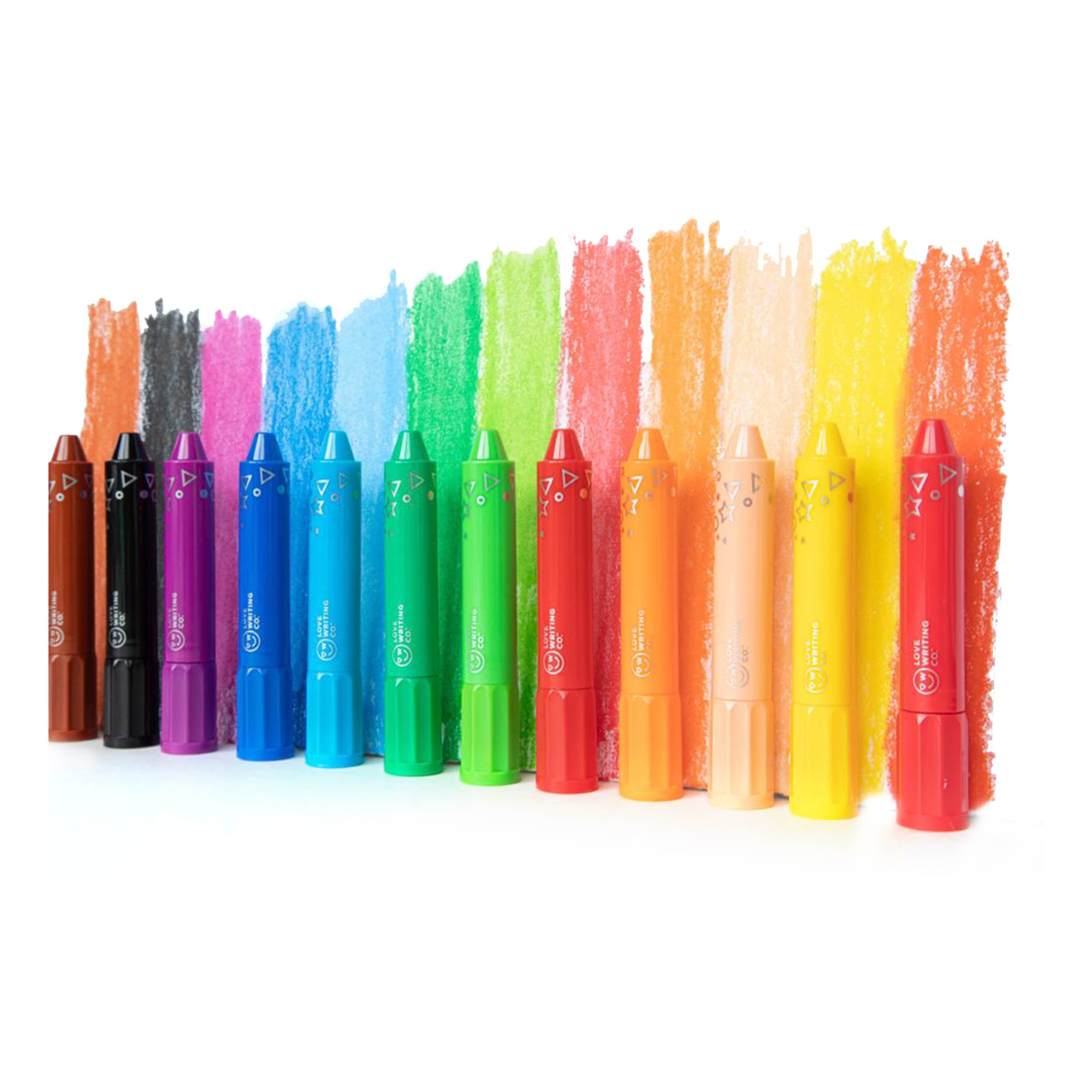 Love Writing Co's washable crayons lined up in front of their color shades