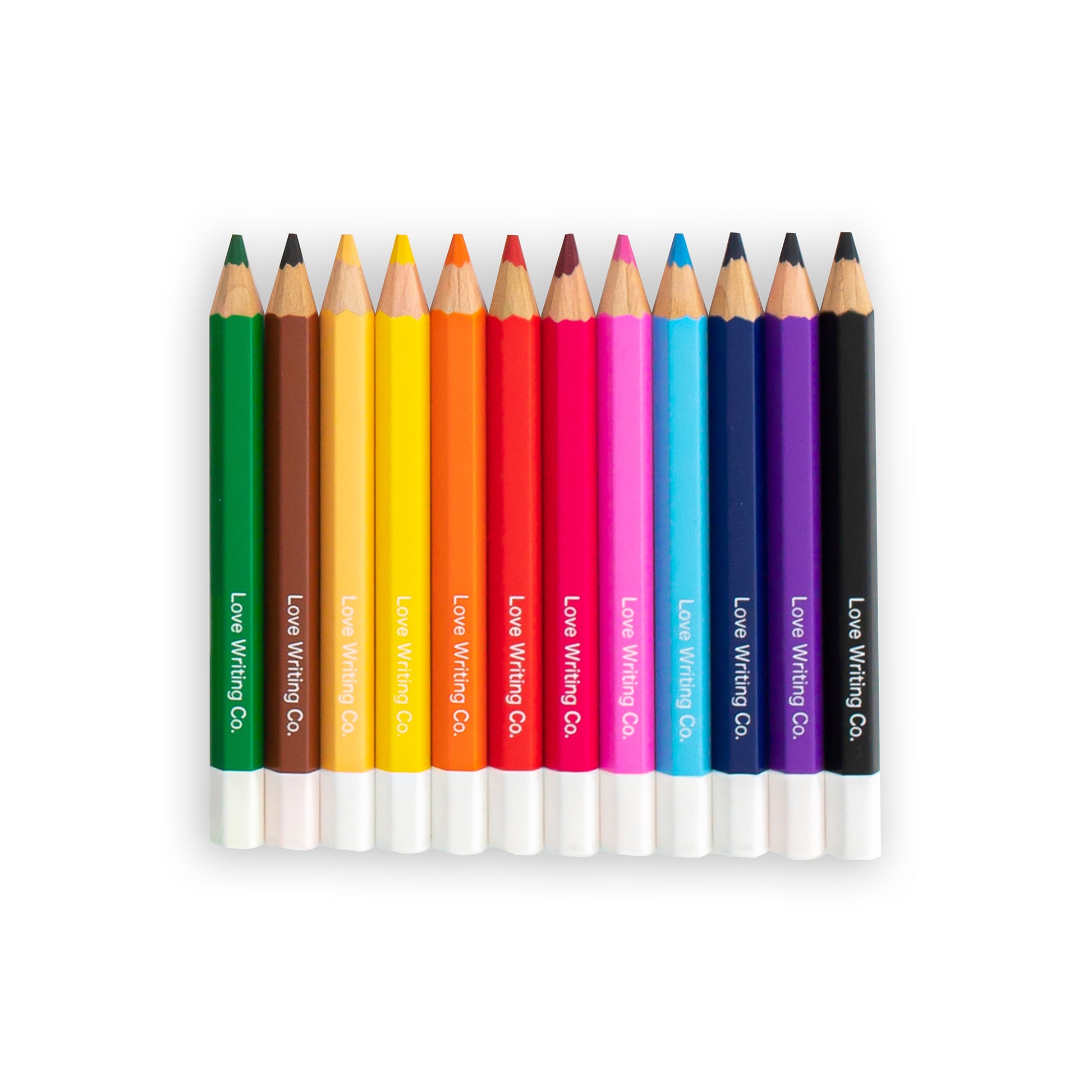 Line of coloured pencils all hexagon shaped for children Love Writing Co. erasable colouring pencils to encourage tripod grip for children