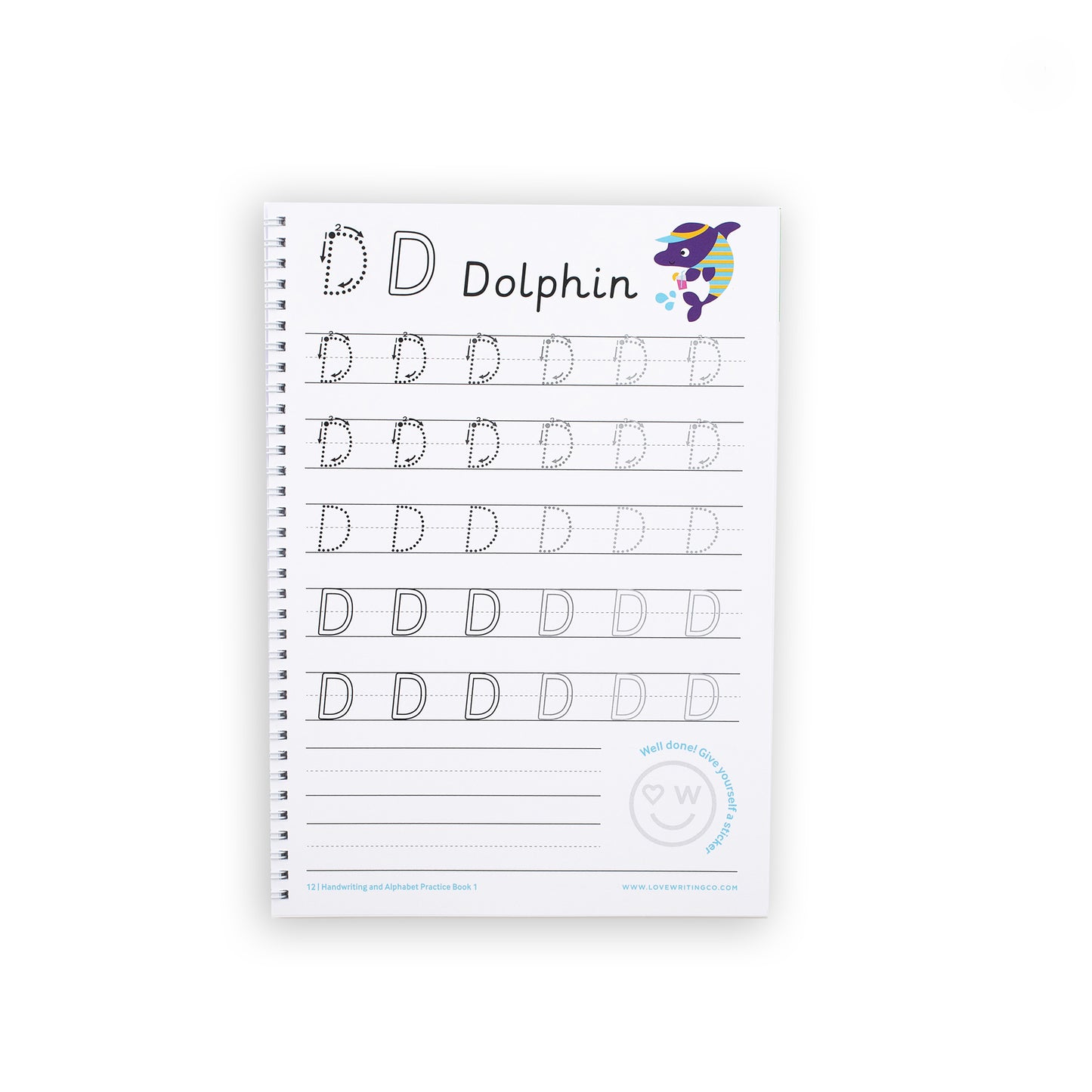 Dolphin writing pad with the letter D to trace the letters activity