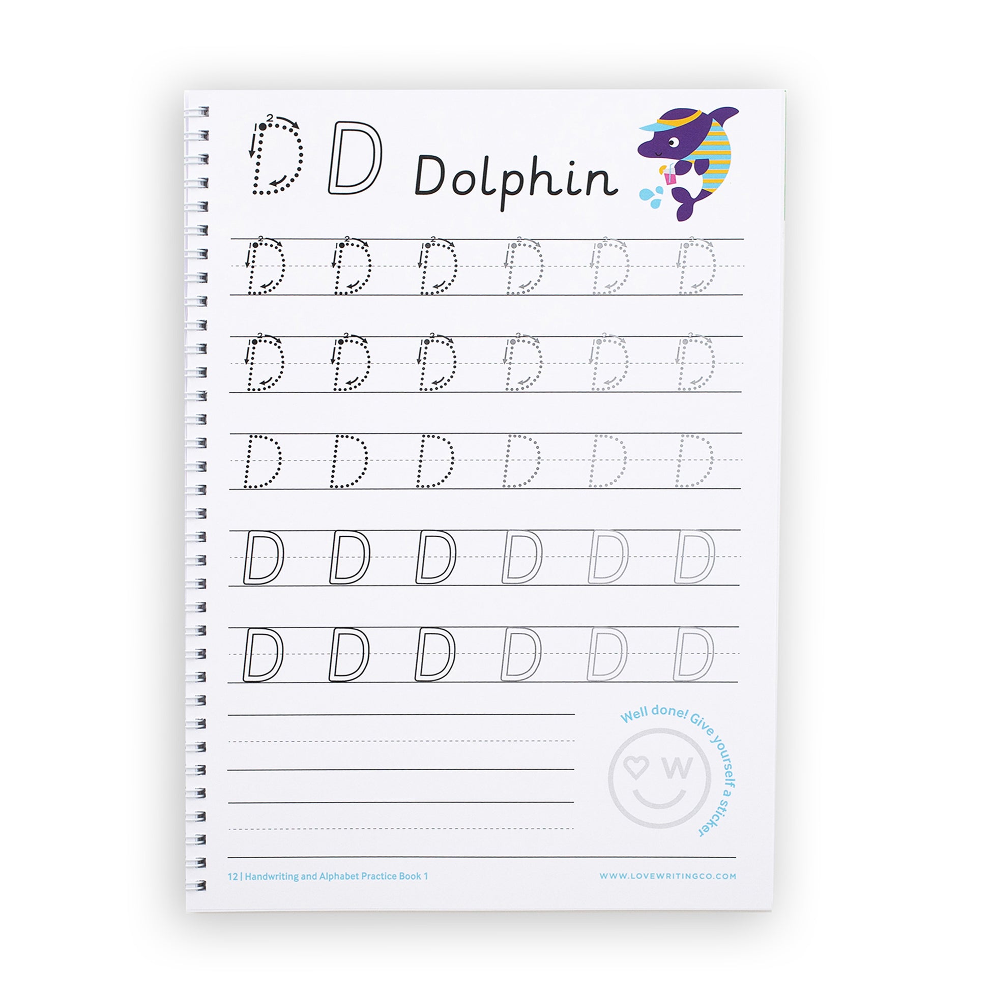 Writing practice workbook page with dotted lines learn to write the letter D
