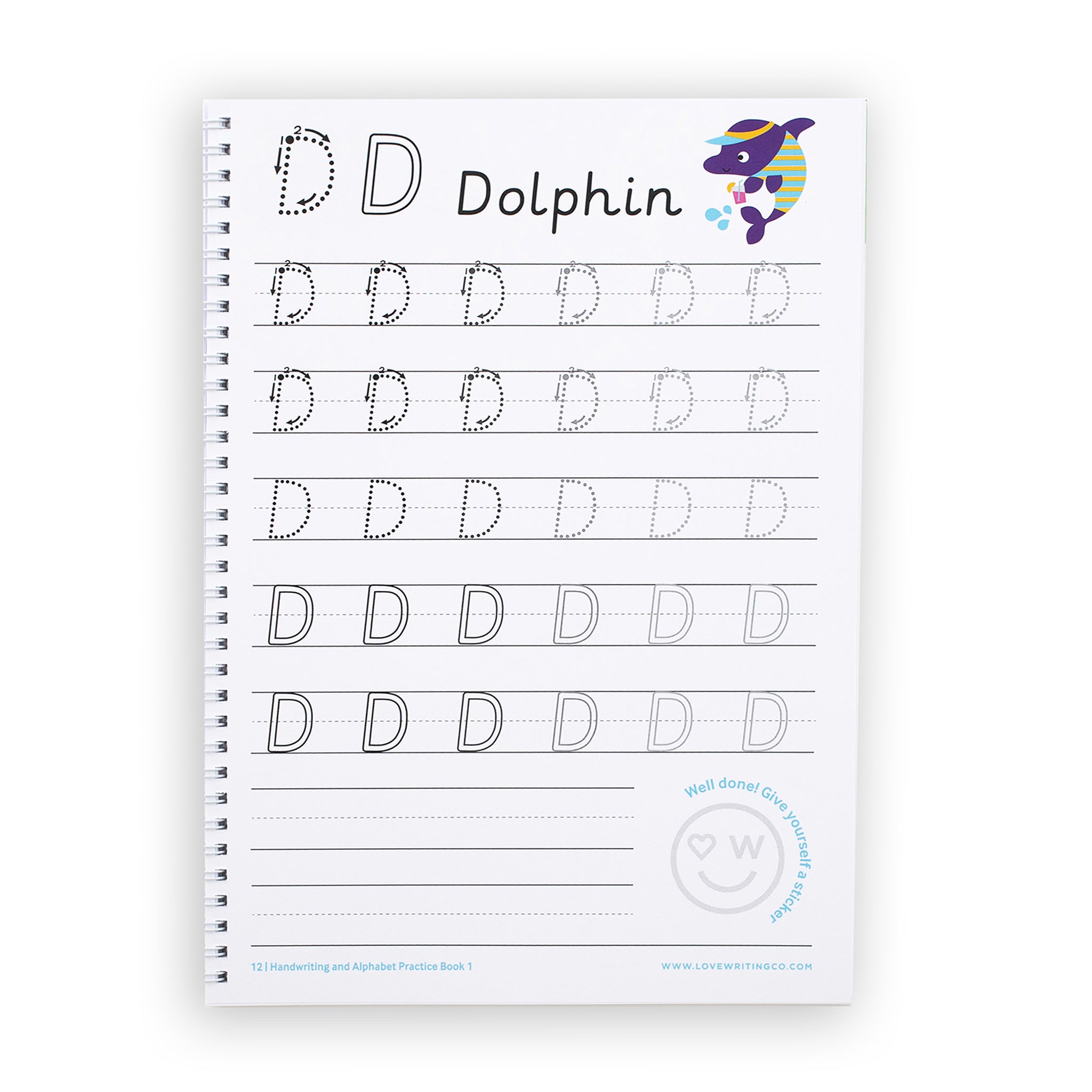 Writing practice workbook page with dotted lines learn to write the letter D