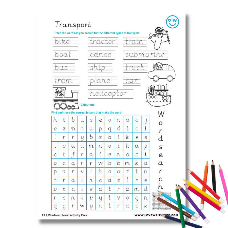 Word search and tracing words by Love Writing Co