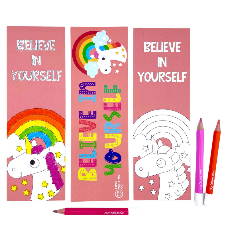 Positive Affirmation Book Marks in pink with colouring pencils