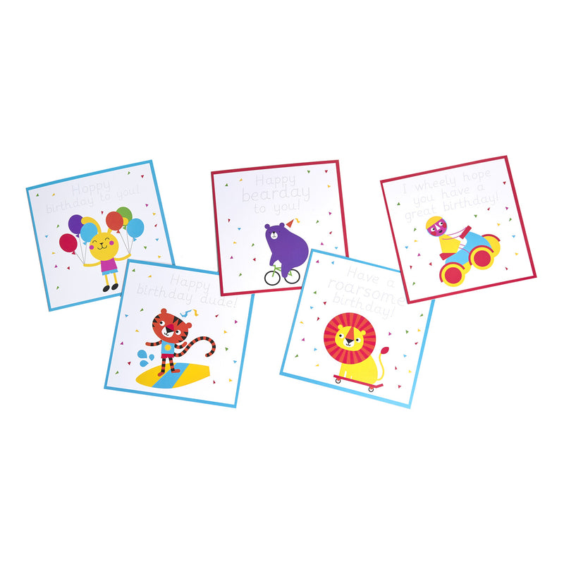 Pack of 5 birthday cards with colourful animals and borders, traceable kids handmade birthday cards 