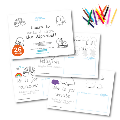 Learn to Write and Draw the Alphabet - 26 Worksheets-Downloadable Pack