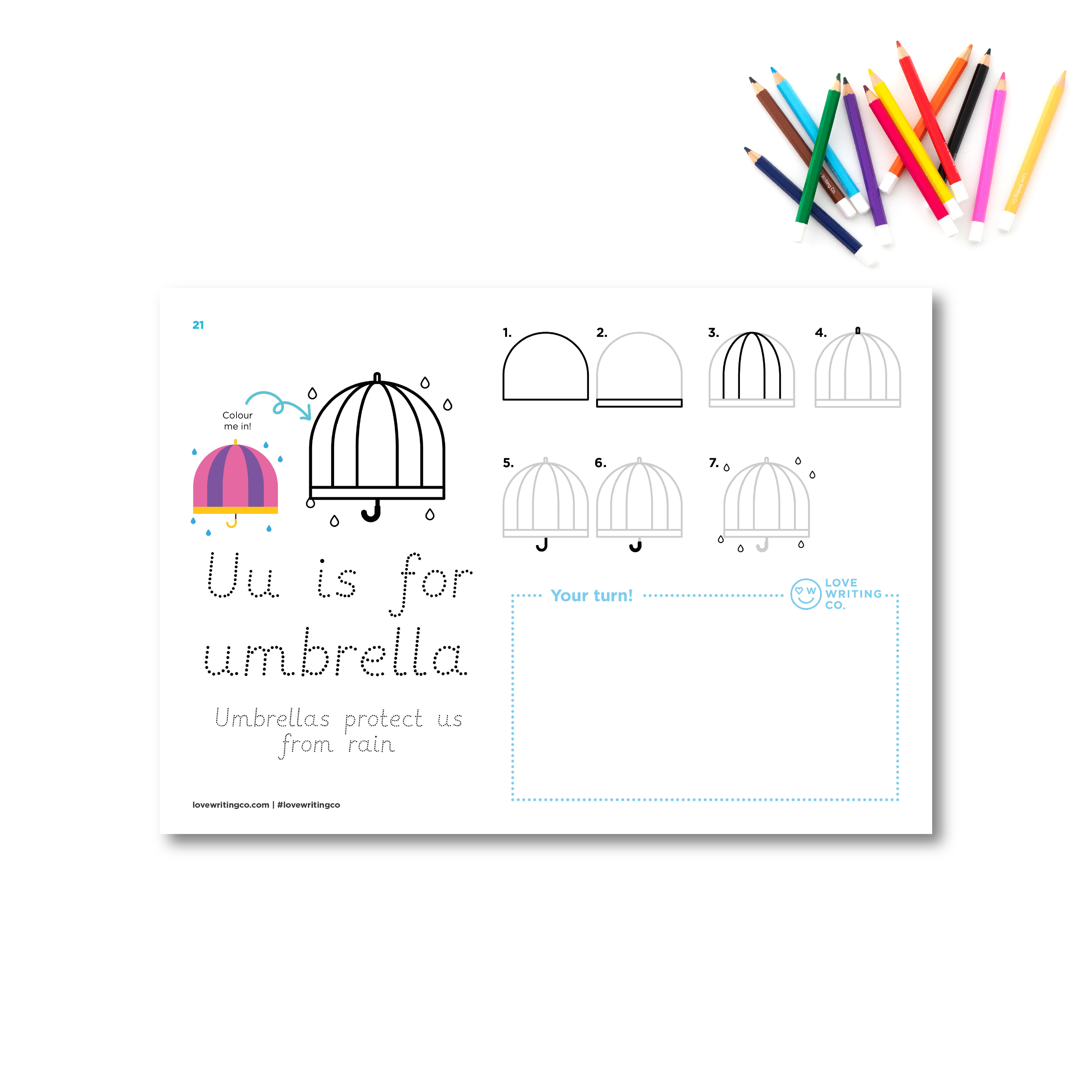 Tracing and colouring activities for letter U